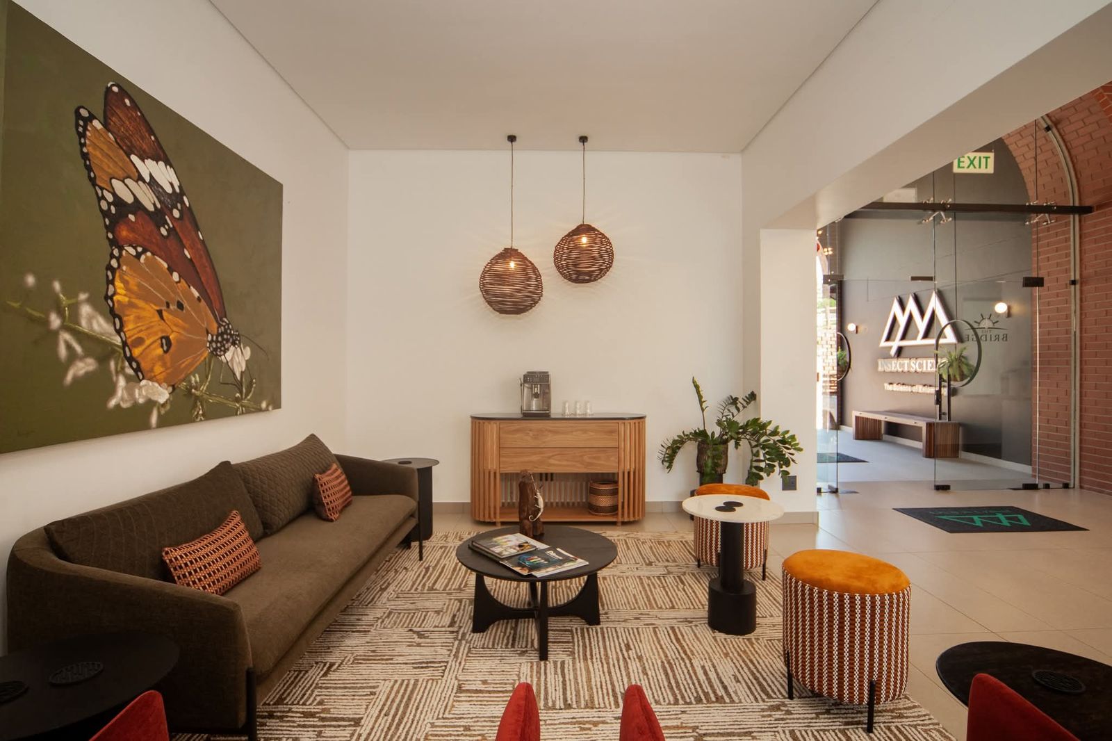 Reception lounge with pendant lights